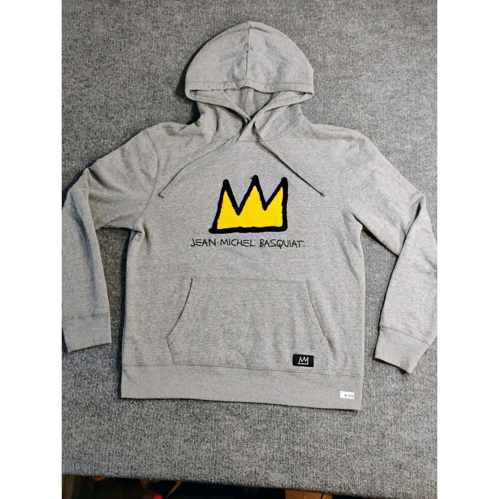 Basquiat Gray Pullover Hoodie Crown Graphic Sweatshirt Men's Small Art